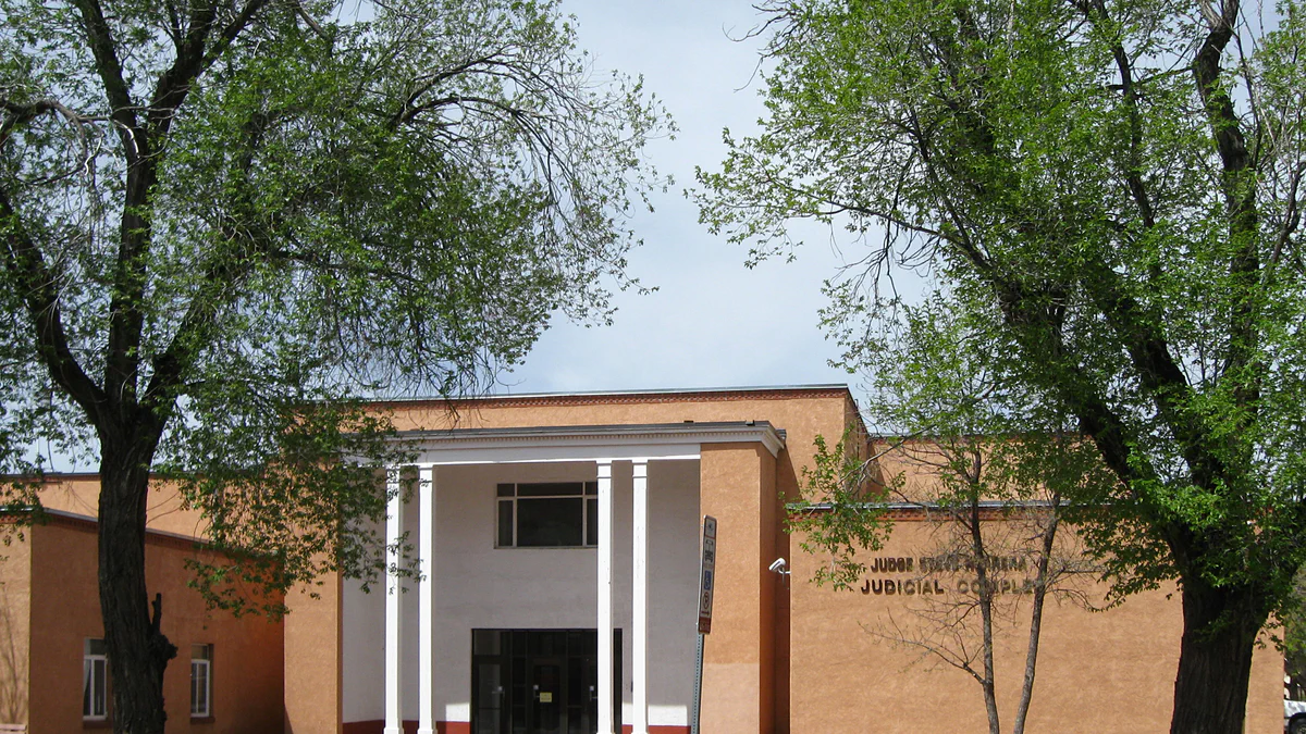 Photograph of the Judge Steve Herrera Judicial Complex, a courthouse building at 100 Catron Street in Santa Fe, New Mexico.