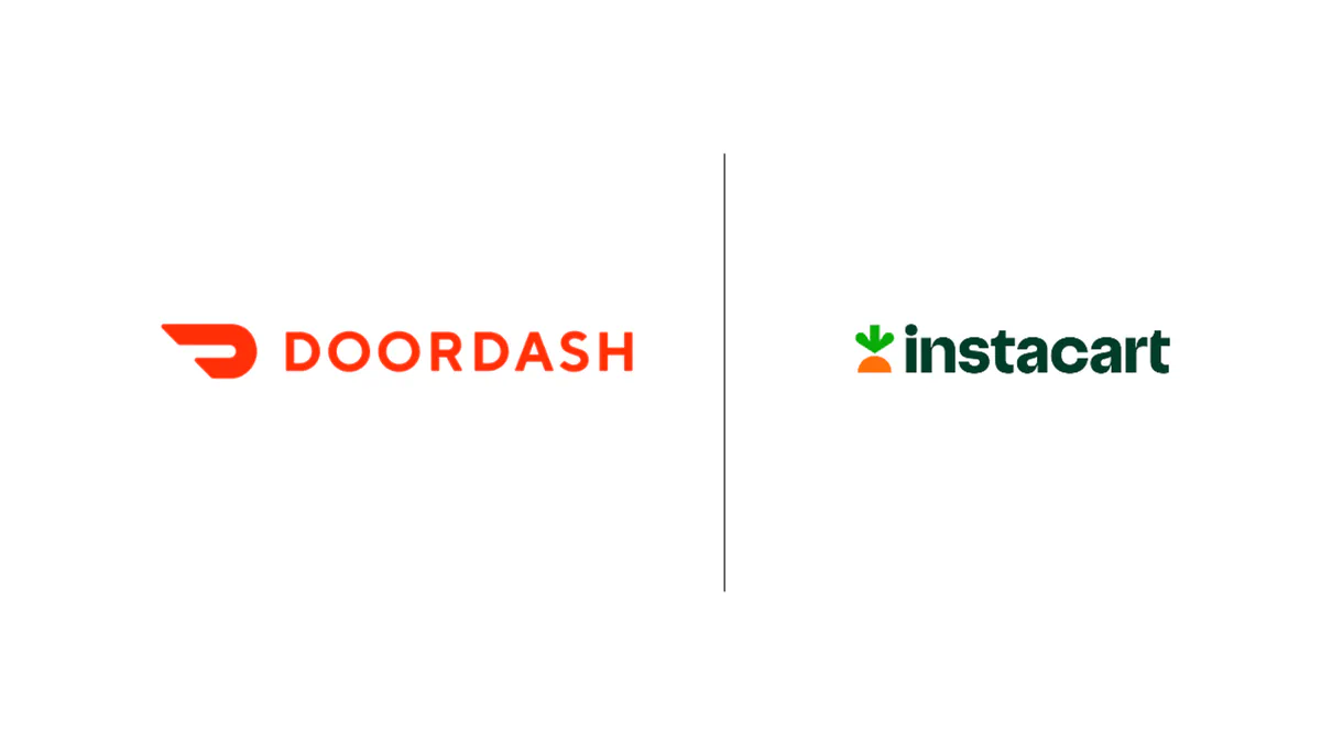 The orange DoorDash wordmark and green Instacart wordmark on a white background, separated by a thin vertical line.