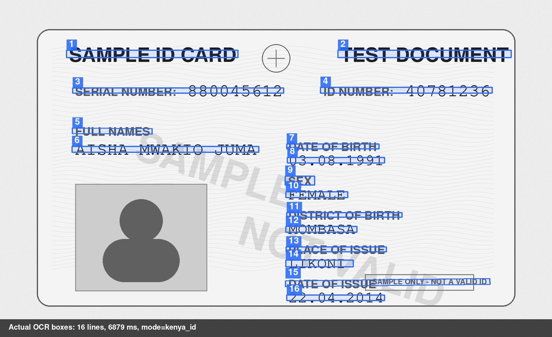 Synthetic ID-card-style fixture annotated with actual OCR detection boxes and line numbers.