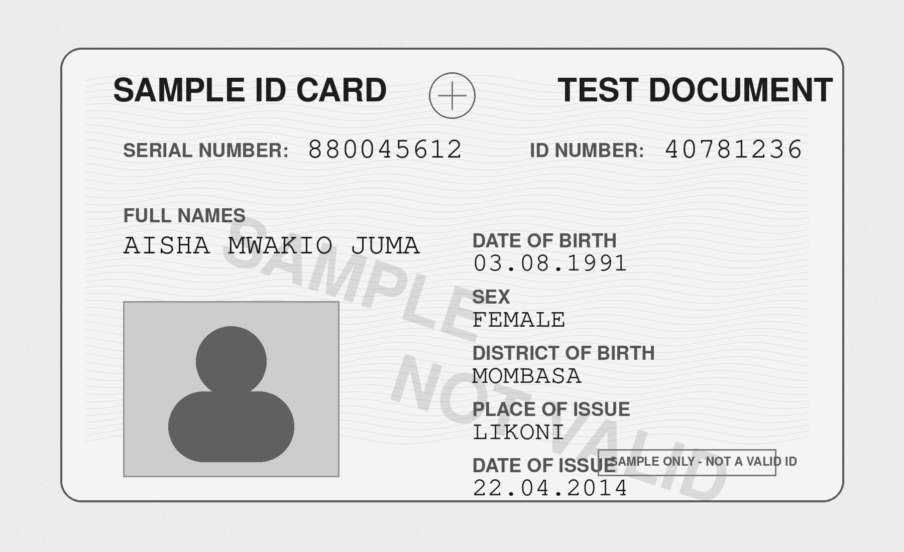 Synthetic ID-card-style OCR test fixture marked sample not valid.