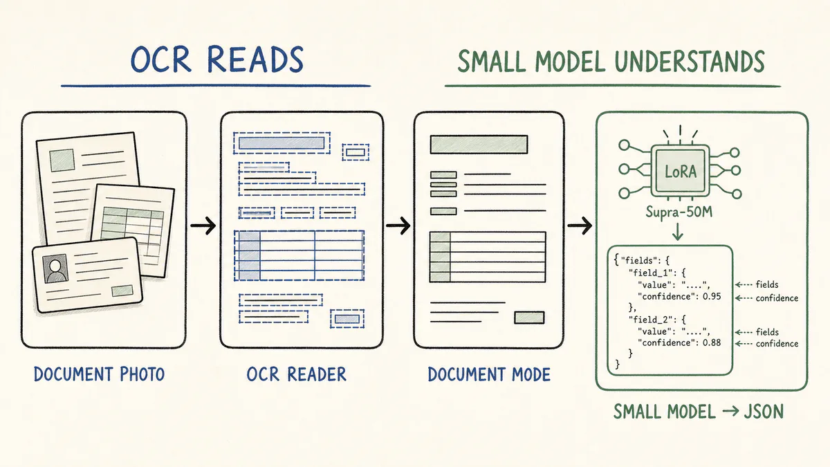Hand drawn pipeline showing a document photo going through an OCR reader, document mode cleanup, and a LoRA Supra-50M model that produces JSON fields with confidence.