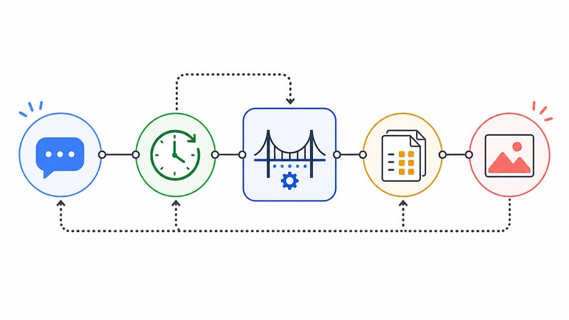 Workflow linking Mattermost, a scheduler, the Codex bridge, stored records, and an image output