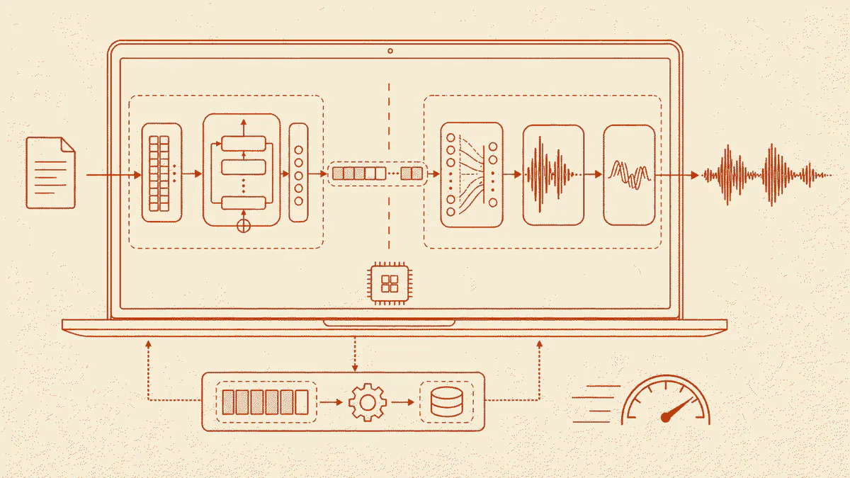 Terracotta line drawing on cream paper showing a local speech pipeline split across two processing stages, joined by integer tokens and ending in an audio waveform.