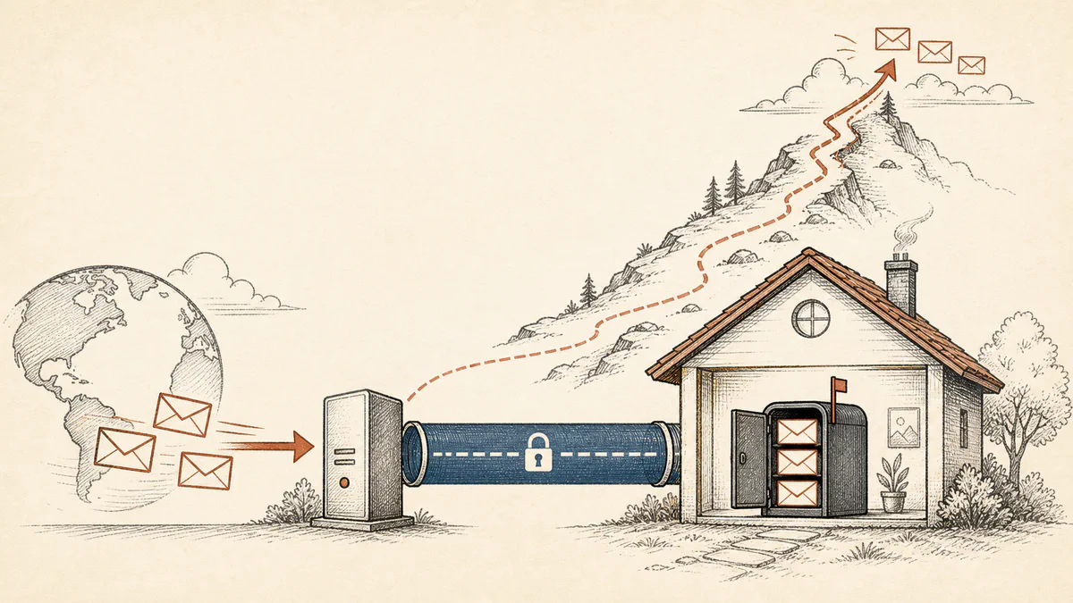 Terracotta line illustration showing Internet email entering a public gateway, crossing a blue encrypted tunnel, and reaching mailboxes inside a home, while the outgoing route climbs a mountain.