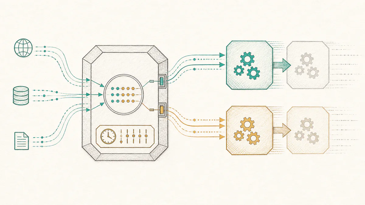 A stable central messaging core routes work to two pairs of replaceable agent workers while its scheduler remains in place.