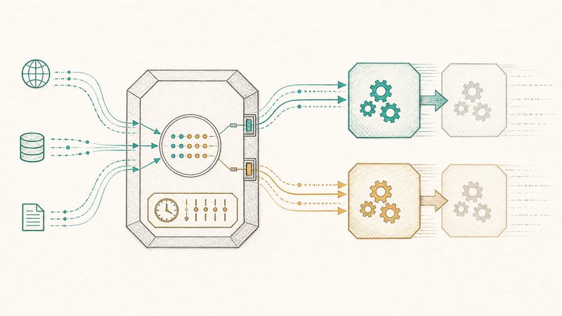 A stable messaging core connected to two pairs of replaceable agent workers