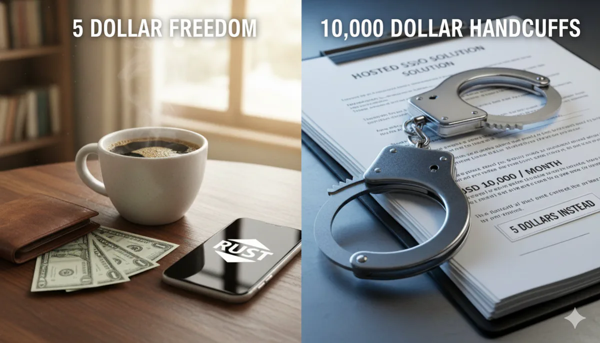 Split image contrasting a five-dollar Rust service with a hosted SSO contract represented by handcuffs